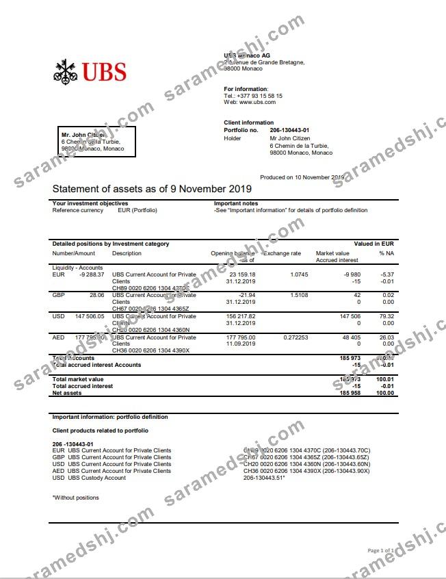 Monaco UBS bank statement